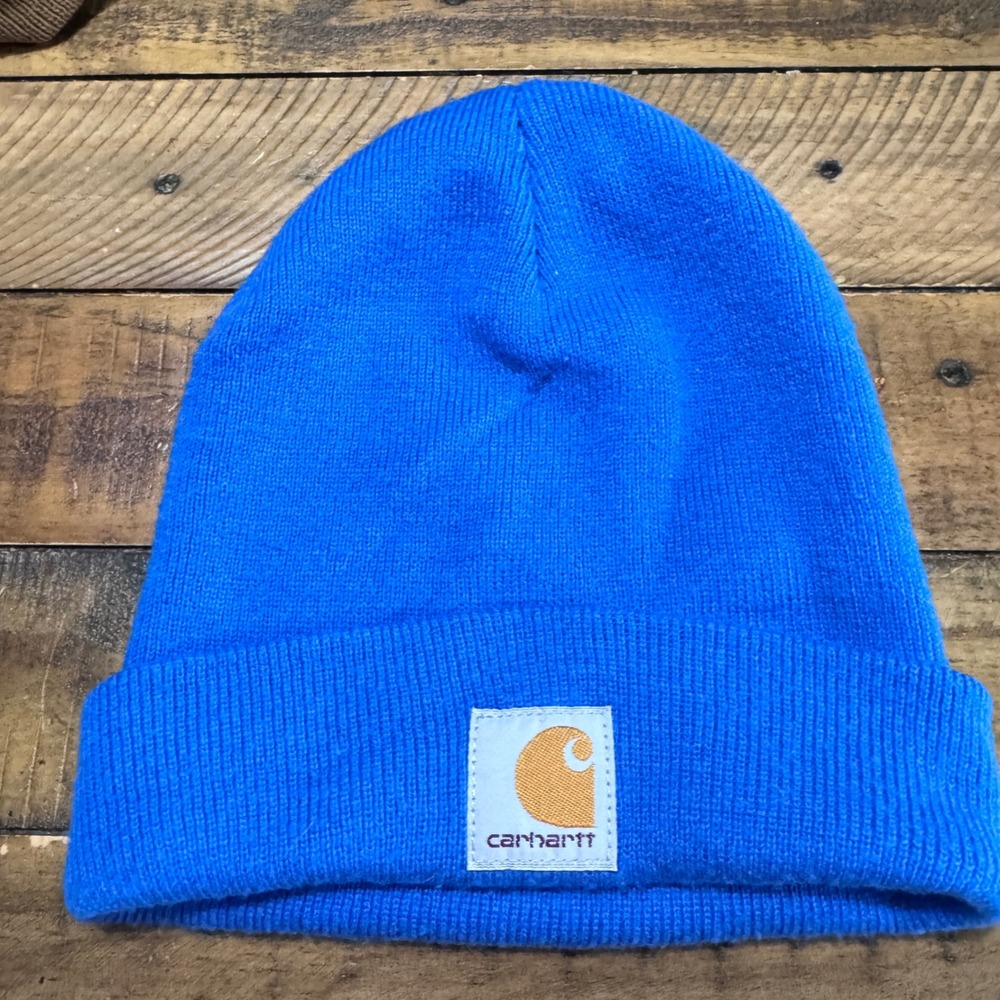 Carhartt Beanie Hat Kids OS Blue Solid Knit Logo Patch Winter Watch Cap